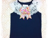 Girls Boutique Style Navy Tank Top White Lace Collar Choice of Bow Size 18 Month Ready to Ship Spring Summer Clothing Handmade Original Gift