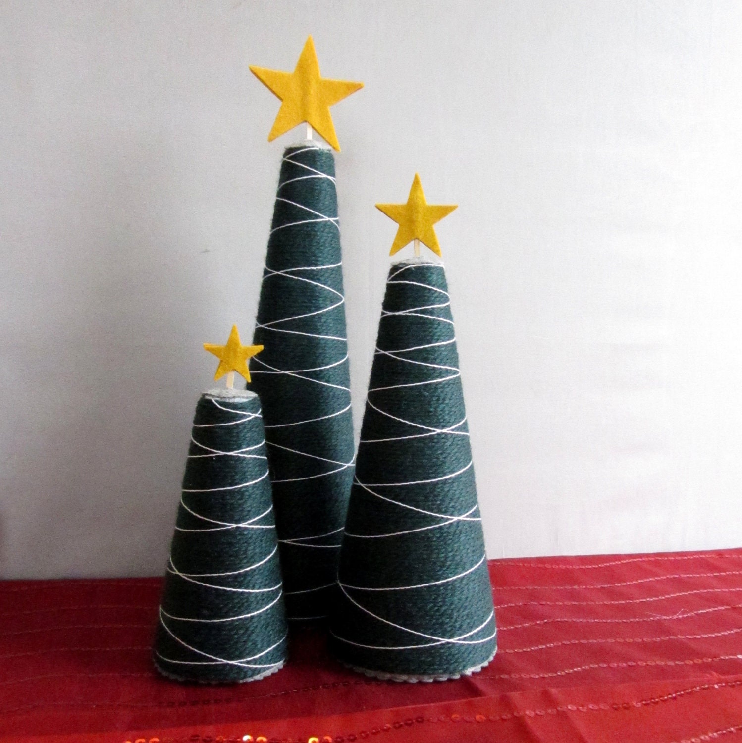 Christmas Yarn Trees (Set of 3): Teal with Silver, Golden Star.  Yarn and Felt Trees.  Modern Christmas Decor, Centerpiece.