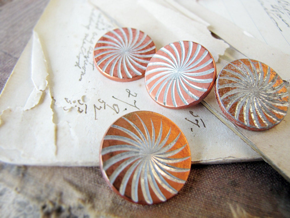 vintage buttons - 1960s anodised aluminium - rustic found in the ground - orange swirl