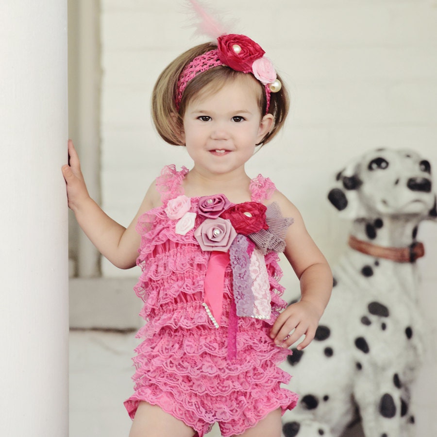 Pink Lace Petti Baby Romper, Embellished with Flowers and rhinestones