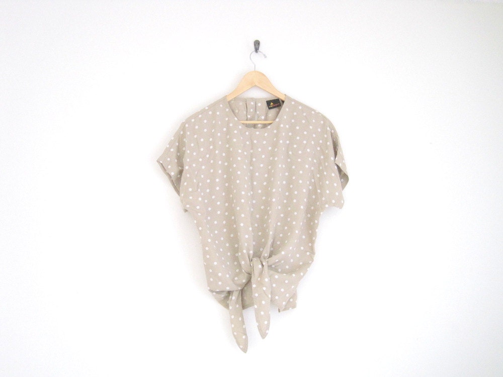 vintage khaki polka dot blouse with front tie