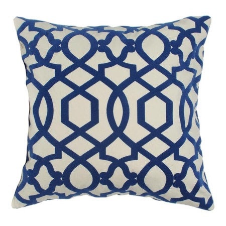 Designer Decorative Pillow Cover Lattice in Navy on Cream with Velvet Detail 24 x 24 inch Euro Removeable Cover Contemporary Modern