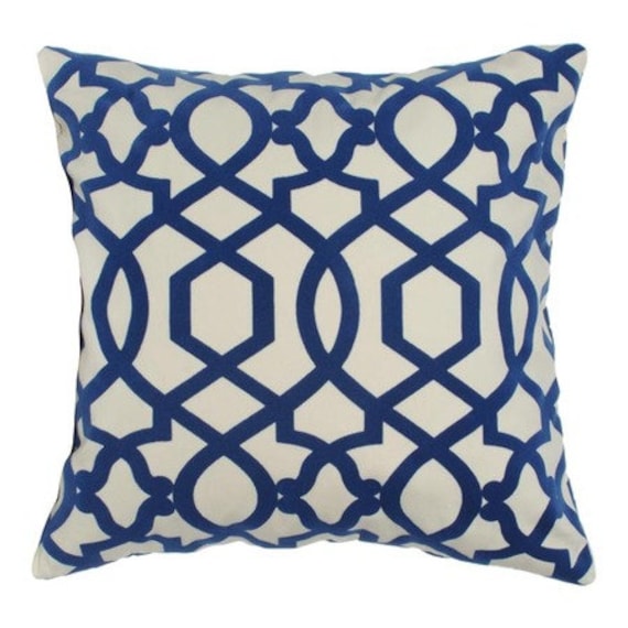 Designer Decorative Pillow Cover Lattice in Navy on Cream with Velvet Detail 18 x 18 inch Removeable Cover Contemporary Modern