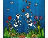 Print - "Dancing with Butterflies", 8 X 10 inches, digital print on linen paper.  Day of the Dead art.