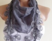 grey cotton scarf with lace new design shawl neckwarmer cowl christmas gift for her