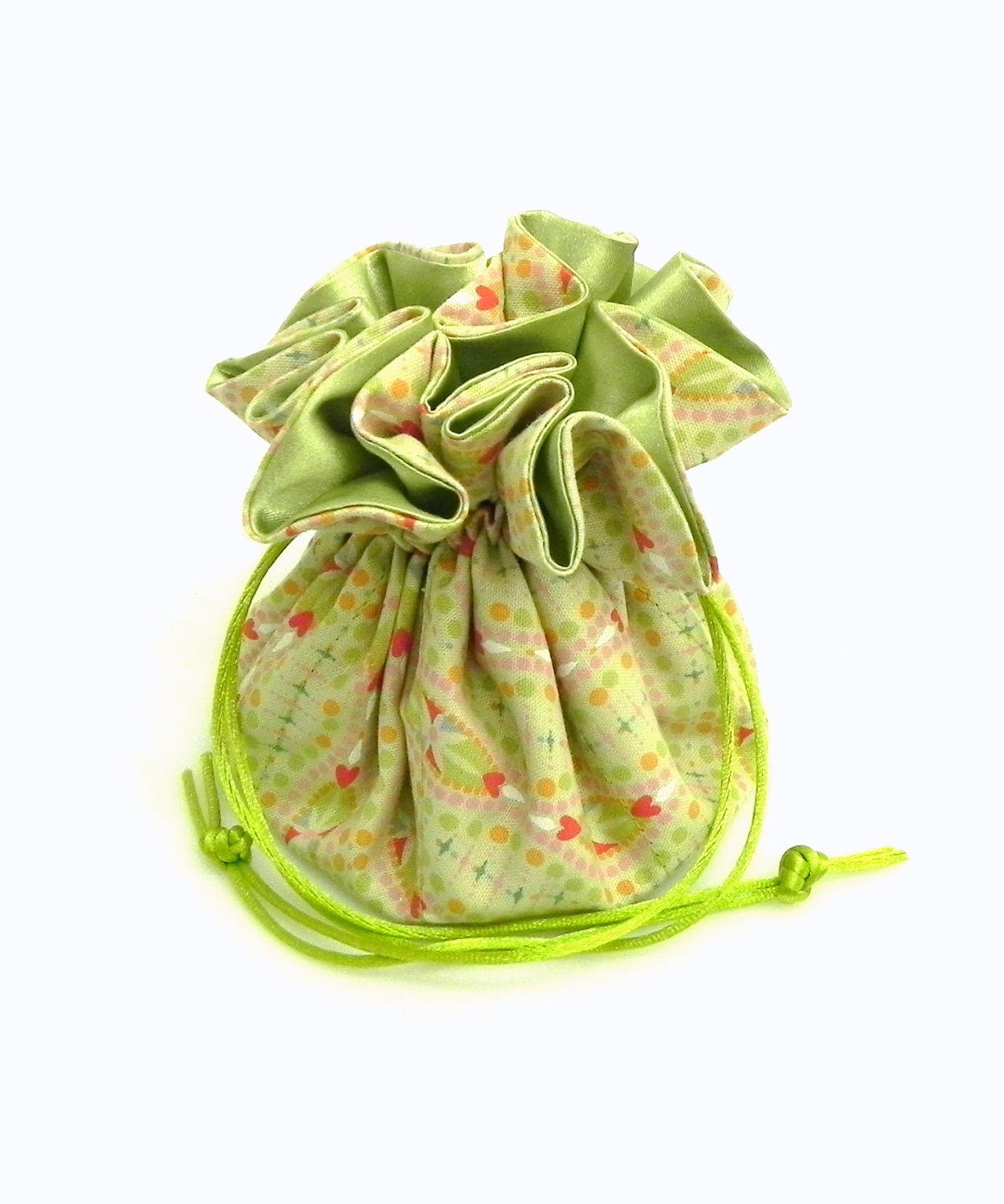 Drawstring Jewelry Pouch - Green, aqua, pink and red hearts travel bag