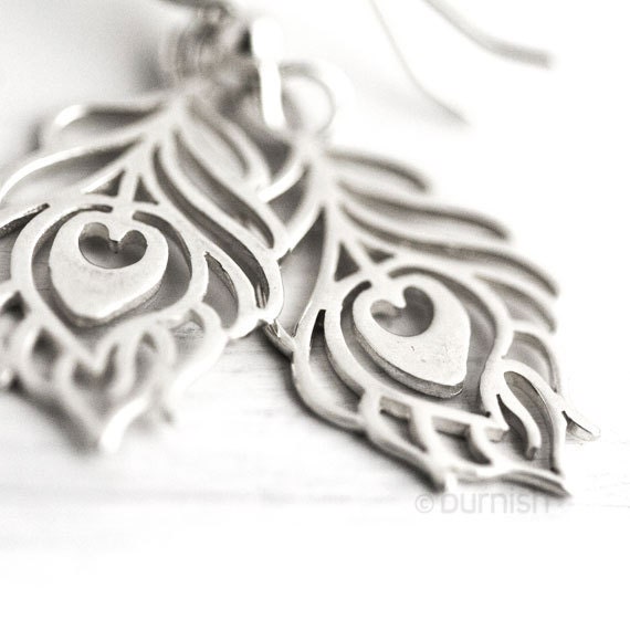 Silver Peacock Feather Earrings / Sterling Silver Metal Cutout Dangle Earrings / Simple Statement Jewelry by burnish