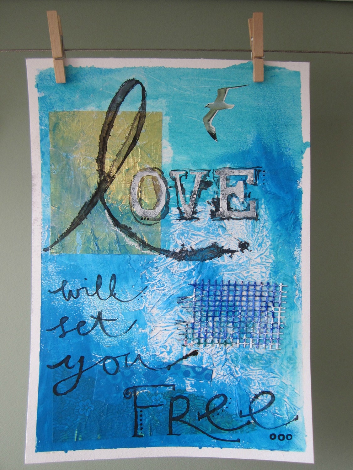 Love Will Set You Free - Original Mixed Media Painting On Paper in Blues with a Seagull
