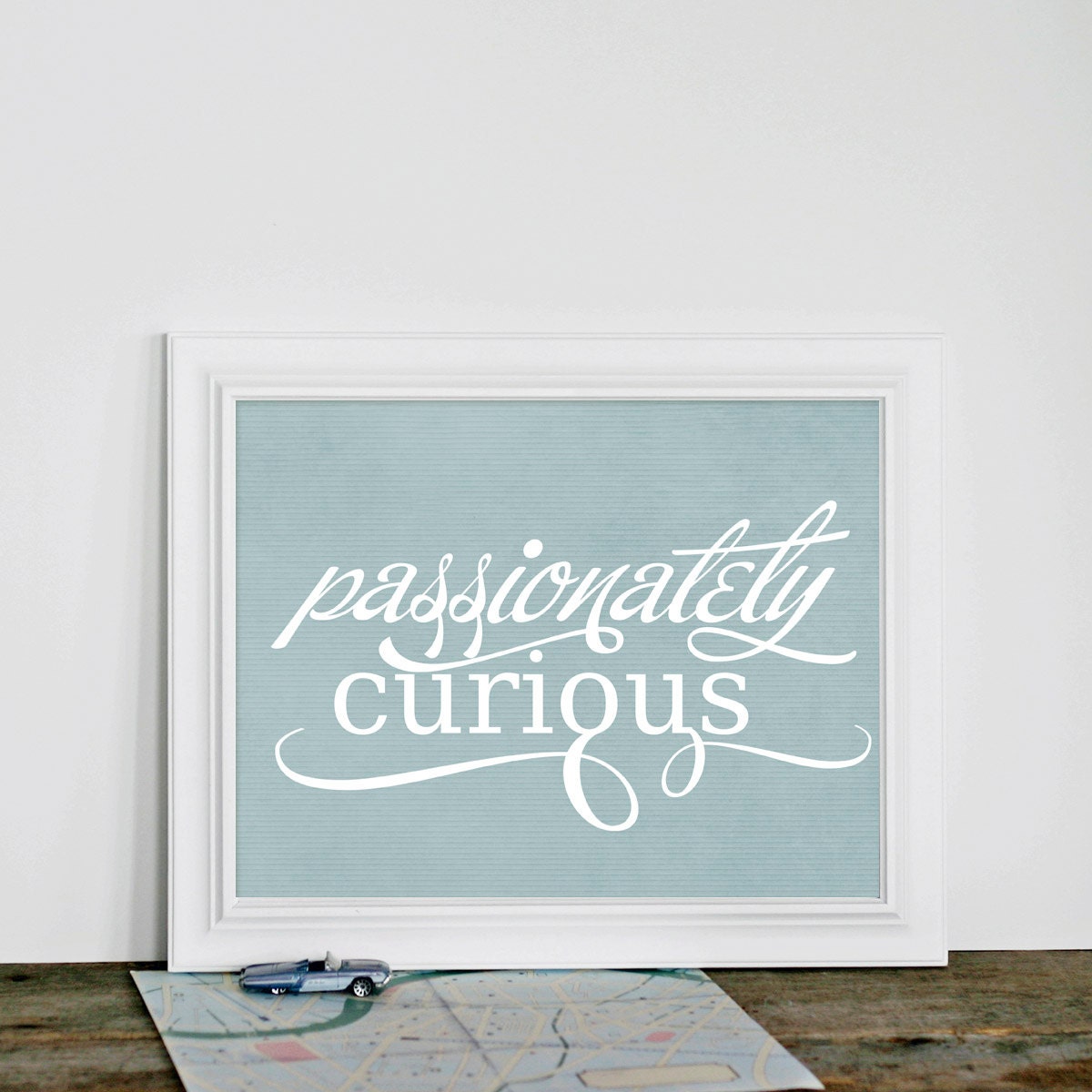 Passionately Curious -Back to School Inspirational Albert Einsten Quote - Smoke Blue Grey Gray Digital Art Poster Print