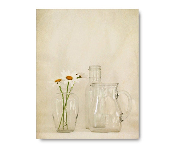 Daisies and Glass, summer flower, still life, clear, white, daisy, monotone, grey, cream, pitcher, bottle, vase, simple