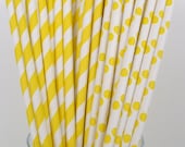 Sunshine YELLOW Stripe & Sunshine YELLOW Polka Dot Paper Straws, 50 Straws.. w/  Blank DIY Printables, Drinking Straws, Cake Pop Sticks
