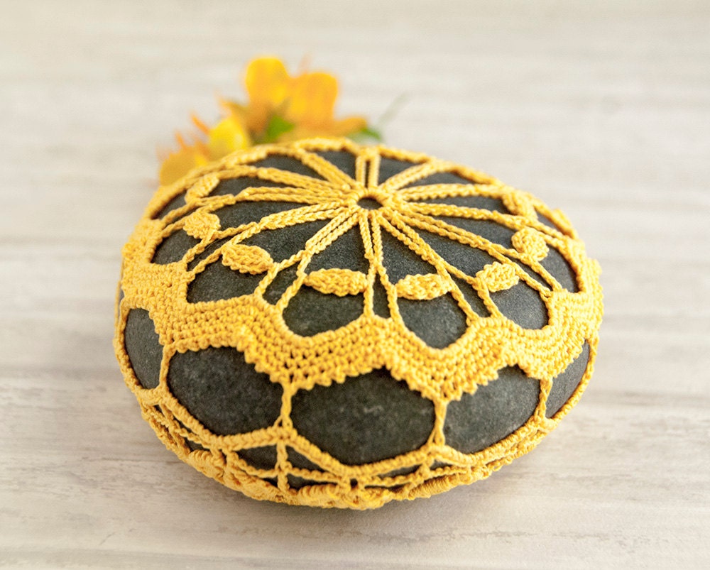 crochet lace stone // goldenrod // river rock // cottage chic // Wedding decor // ring bearer pillow //  bowl element