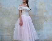 Vintage 1950s princess wedding dress - 50s romantic soft pink tulle prom / party dress - medium