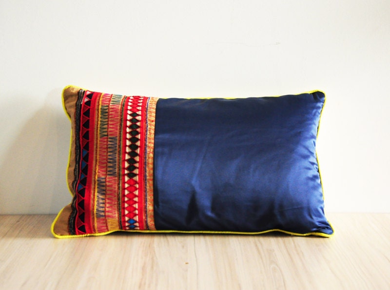 Patchwork pillow covers with handmade Thai Hmong fabrics - navy blue