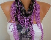 Purple Scarf Multicolor Shawl Scarf - Cotton Scarf -  Cowl Scarf with Lace Edge -  Scarf - fatwoman