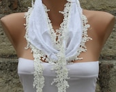 White Scarf  - Cotton  Scarf -  Cowl with Lace Edge   -fatwoman - Bridesmaids Gifts