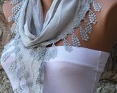 Gray  Scarf  -  Cotton Scarf  -  Cowl with Lace