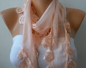 Salmon Scarf  - Cotton  Scarf -  Cowl with Lace Edge   -