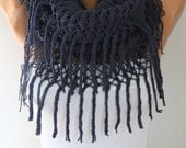 Navy Blue  Infinity Scarf Loop Scarf Circle Scarf Fabric Knitted Lace Scarf  -  Cowl Scarf -  Long Scarf - Tube Scarf - Velvet-    -fatwoman