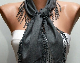 Gray Scarf  -  Pashmina Scarf  - Cowl with Lace Edge