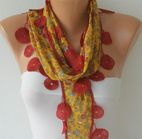 Mustard Scarf  - Cotton  Scarf -  Cowl Scarf with Red Lace Edge   - fatwoman