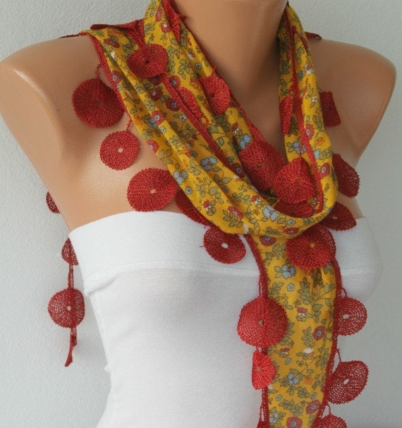 Mustard Scarf  - Cotton  Scarf -  Cowl Scarf with Red Lace Edge   - fatwoman