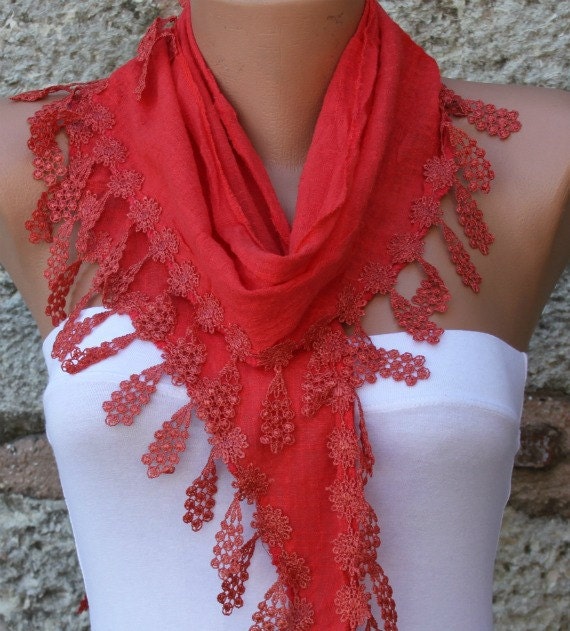 Red Scarf - Cotton Scarf - Cowl with Lace