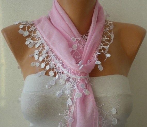 Pink Scarf  - Cotton  Scarf -  Cowl with Lace Edge