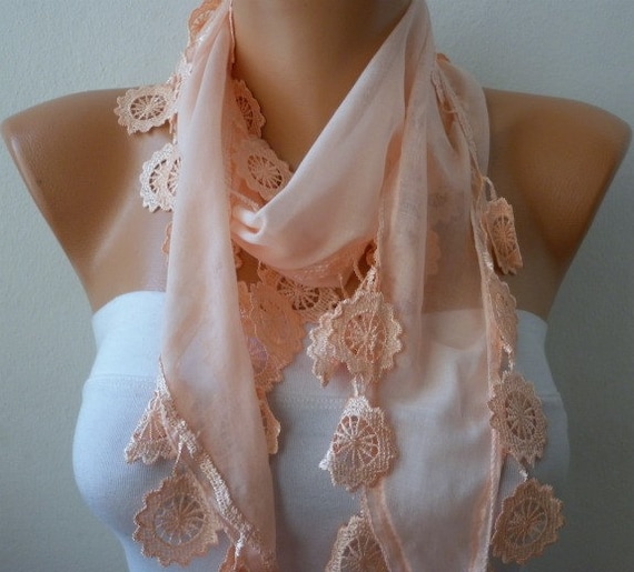 Salmon Scarf  - Cotton  Scarf -  Cowl with Lace Edge   -
