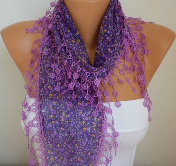 Multicolor  Scarf -  Cotton Scarf  Cowl with  Lace Edge