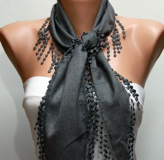 Gray Scarf - Pashmina Scarf - Cowl with Lace Edge