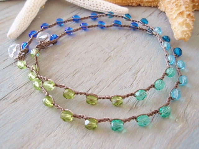 Ombre crochet anklet "Lagoon"  blue, green, waterproof beach pool jewelry, bohemian hippie, surfer girl beach chic