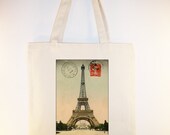 Vintage Postcard of Paris and Eiffel Tower on 15x15 Canvas Tote -- other bag sizes available