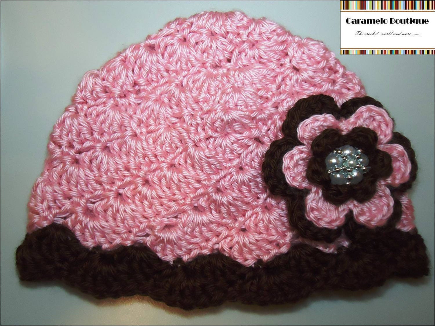 Crochet Baby Girl Hat with Flowers and Pearls-Baby Girl Beanie Hat with Pearls-Newborn Hat-Infant Beanie Hat-Photography Prop