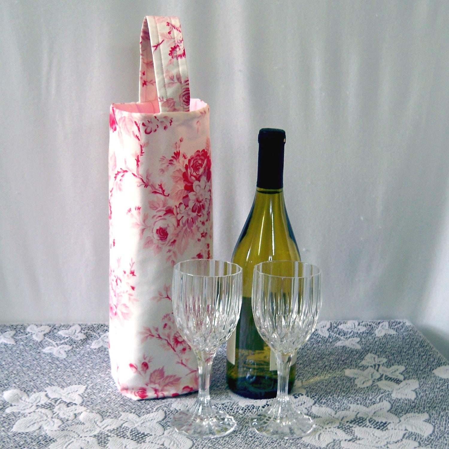 Wine Bottle Cozy Tote Bag Floral Reusable Insulated Wine Bag White Pink Roses Designer Fabric Pink Roses