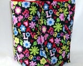 Hippie Floral Tote Bag Purse Love Peace Black Fabric Bag Bird Butterfly Handbag Shoulder Bag Large Bag