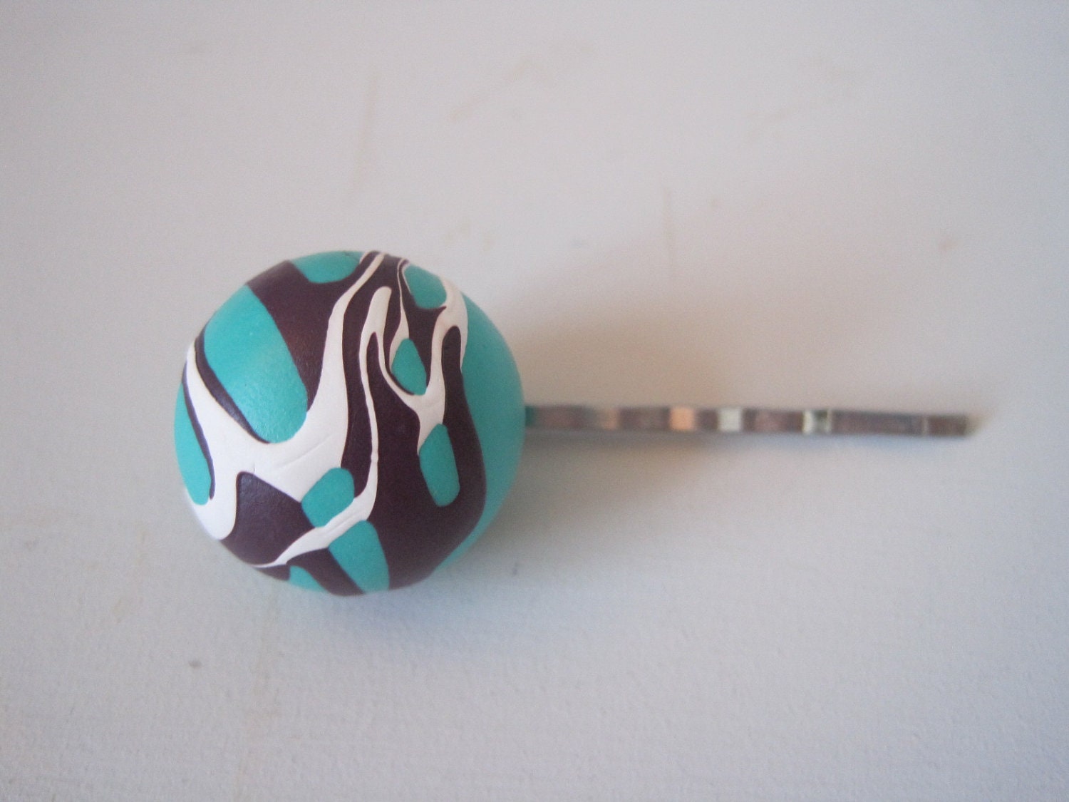SALE Aqua, Plum and White handpainted sculpted clay bubble bobby hair pin, Gift for Her bridesmaid gift