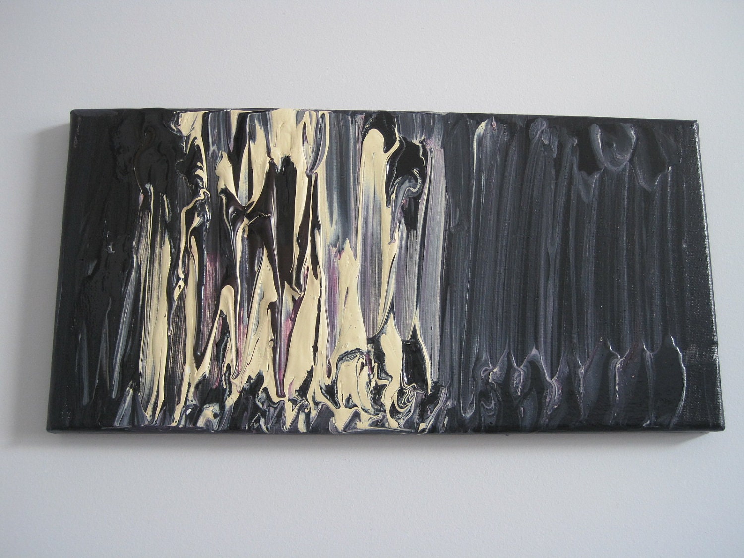Cream/Black/Vanilla White/Purple small acrylic abstract painting 7"x14"