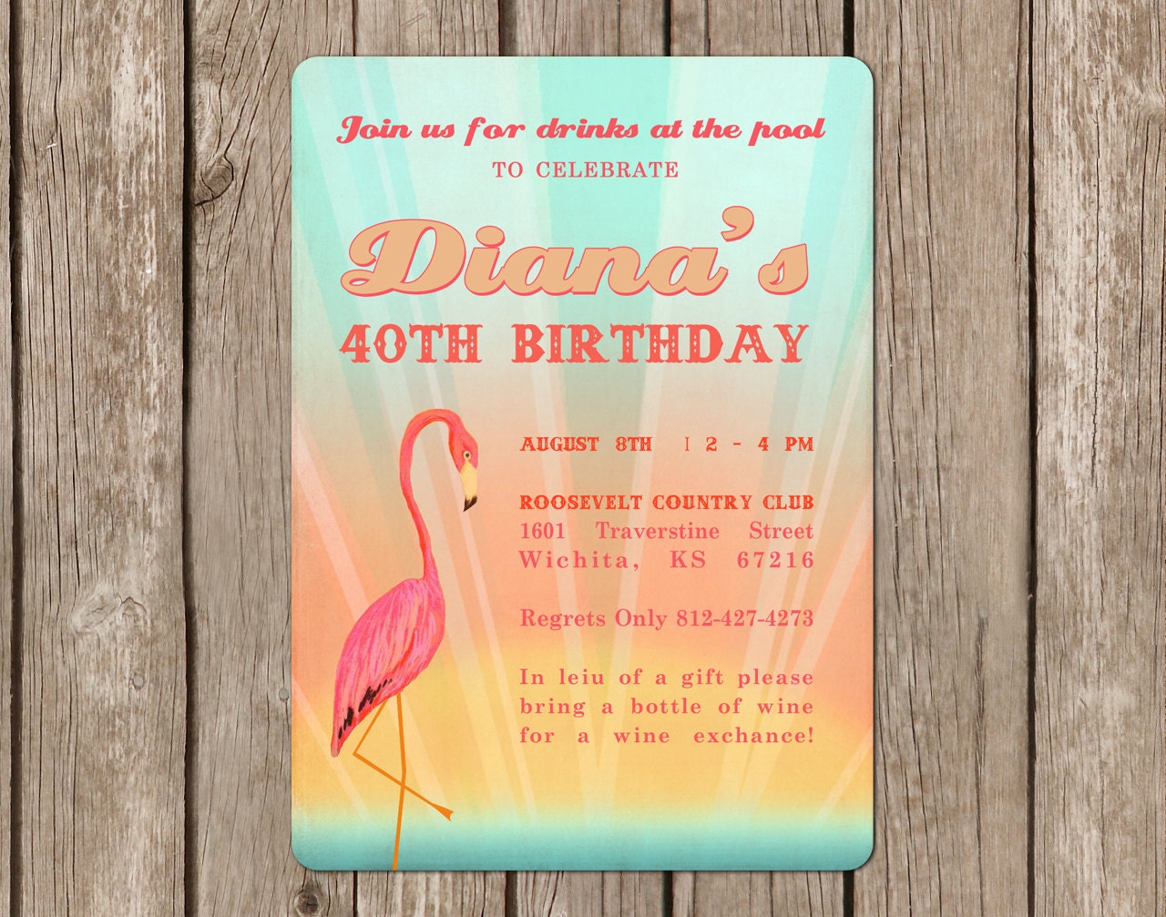 Sunset Flamingo Invitation - perfect for a summer birthday, pool party or anniversary - customized to any color (DEPOSIT)