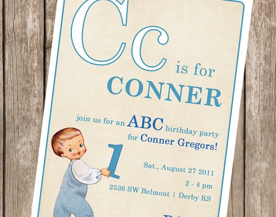 Vintage ABC Flashcard Invitation - boy - perfect for a birthday party for any little girl or boy - customized to any color (DEPOSIT)