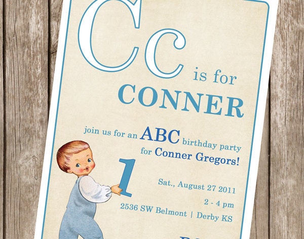 Vintage ABC Flashcard Invitation - boy - perfect for a birthday party for any little girl or boy - customized to any color (DEPOSIT)