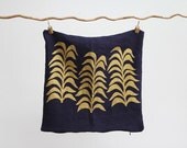 Botanical pillow cover hand printed in metallic gold on indigo blue organic hemp 20x20