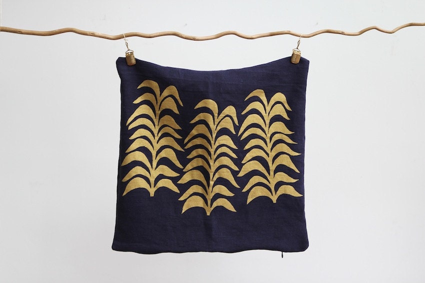 Botanical pillow cover hand printed in metallic gold on indigo blue organic hemp 20x20
