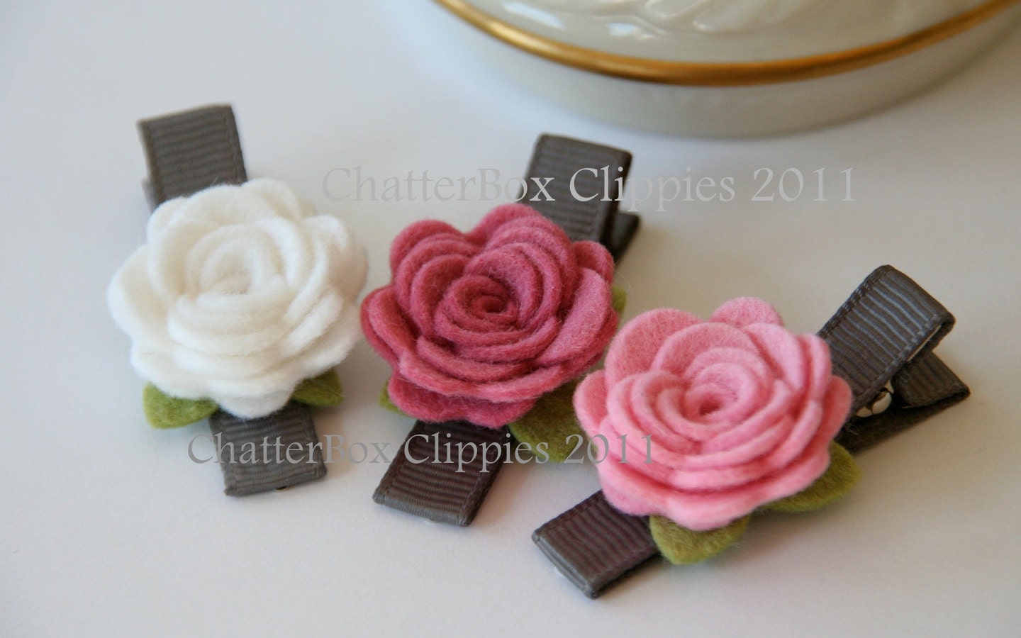 Baby Hair Clips Petite Rosebuds in Pink and White Wool Felt Baby Alligator Clips Infant Toddler Girls