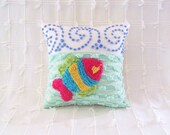 blue green pillow cover 14 X 14 SALT WATER BEAUTY vintage chenille nautical cushion cover beach house fish pillow ocean waves