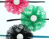 NEW - Lace Collection - CUSTOM COLORS Lace Ruffle Flower with X-Large Pave Rhinestone Button Center on Skinny Elastic