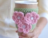 Coffee cup cozy, Green with pink flowers by The Cozy Project
