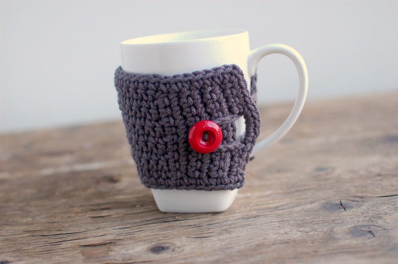 Chocolate brown mug cozy with red button by The Cozy Project