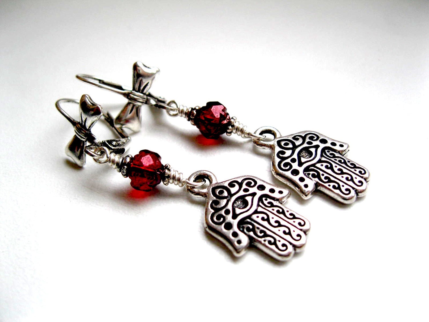 Tribal Belly Dancer Hamsa Earrings in Sterling Silver Plated Pewter and Brass.