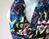 Tribal Infinity Scarf in Colorful Black Turquoise Blue Pink Yellow Stripes Jersey knit Loop Scarf Handmade Fashion